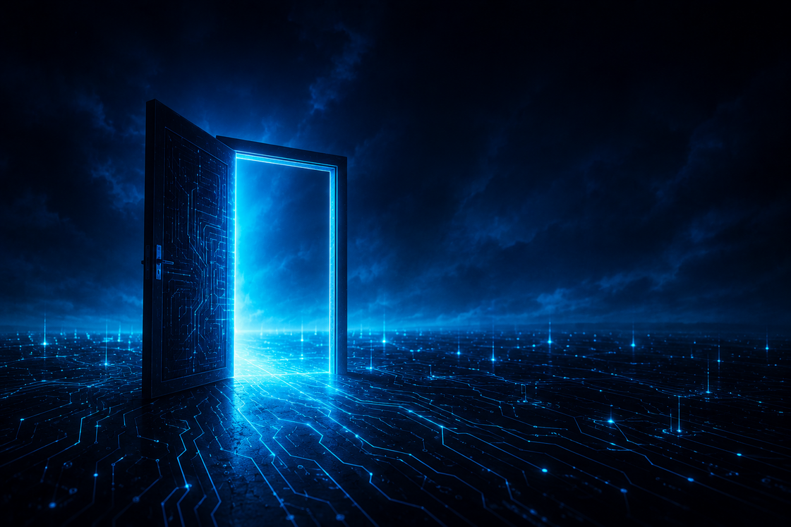 Wide open digital door or gateway on the edge of a dark network landscape, glowing cyan light bleeding through the threshold, circuit pattern ground, deep navy and black tones, dramatic cinematic lighting, no text, no people, concept art style