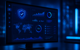 A clean, modern dashboard interface glowing on a dark monitor, security metrics and shield icons visible on screen, soft blue and cyan ambient lighting, shallow depth of field, dark navy background, cinematic professional photography style, no text, no people