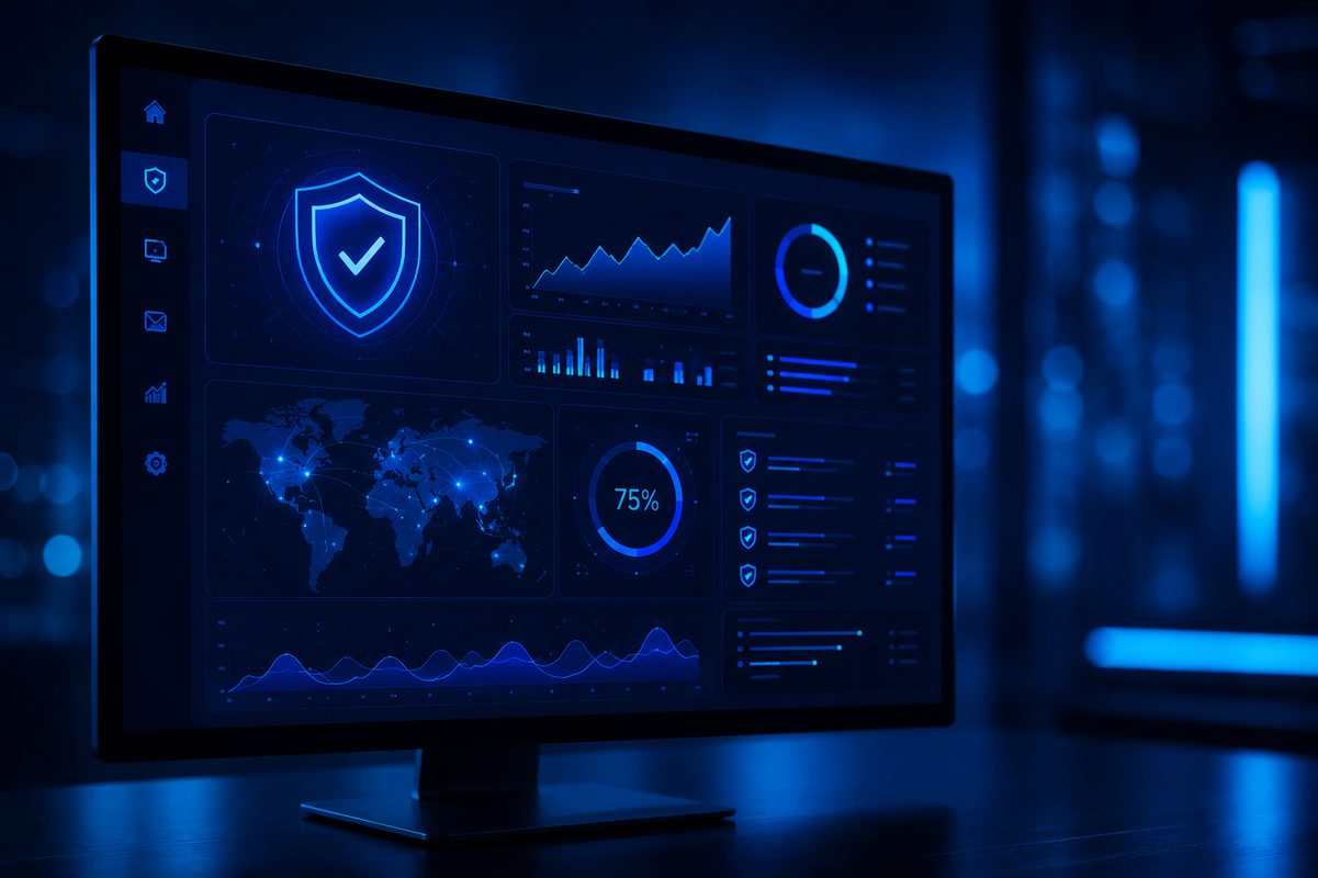 A clean, modern dashboard interface glowing on a dark monitor, security metrics and shield icons visible on screen, soft blue and cyan ambient lighting, shallow depth of field, dark navy background, cinematic professional photography style, no text, no people