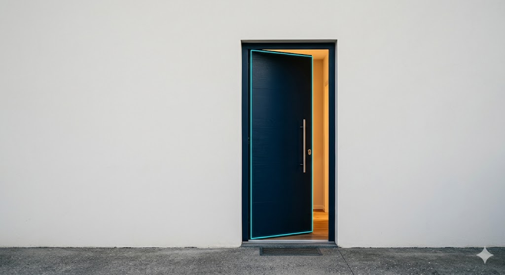 A navy front door left slightly open in a clean white wall, light glowing through the gap — a visual metaphor for the security openings AI-built code can quietly leave in a website.