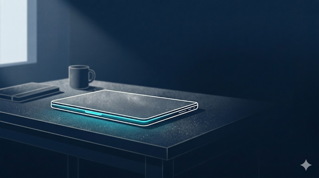 Closed, dust-covered laptop on a desk with a faint glow leaking from the seam