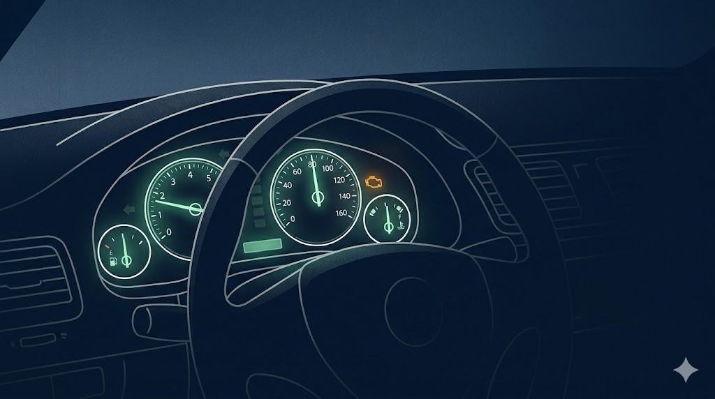Car dashboard at night with all gauges normal except a single amber check-engine warning light