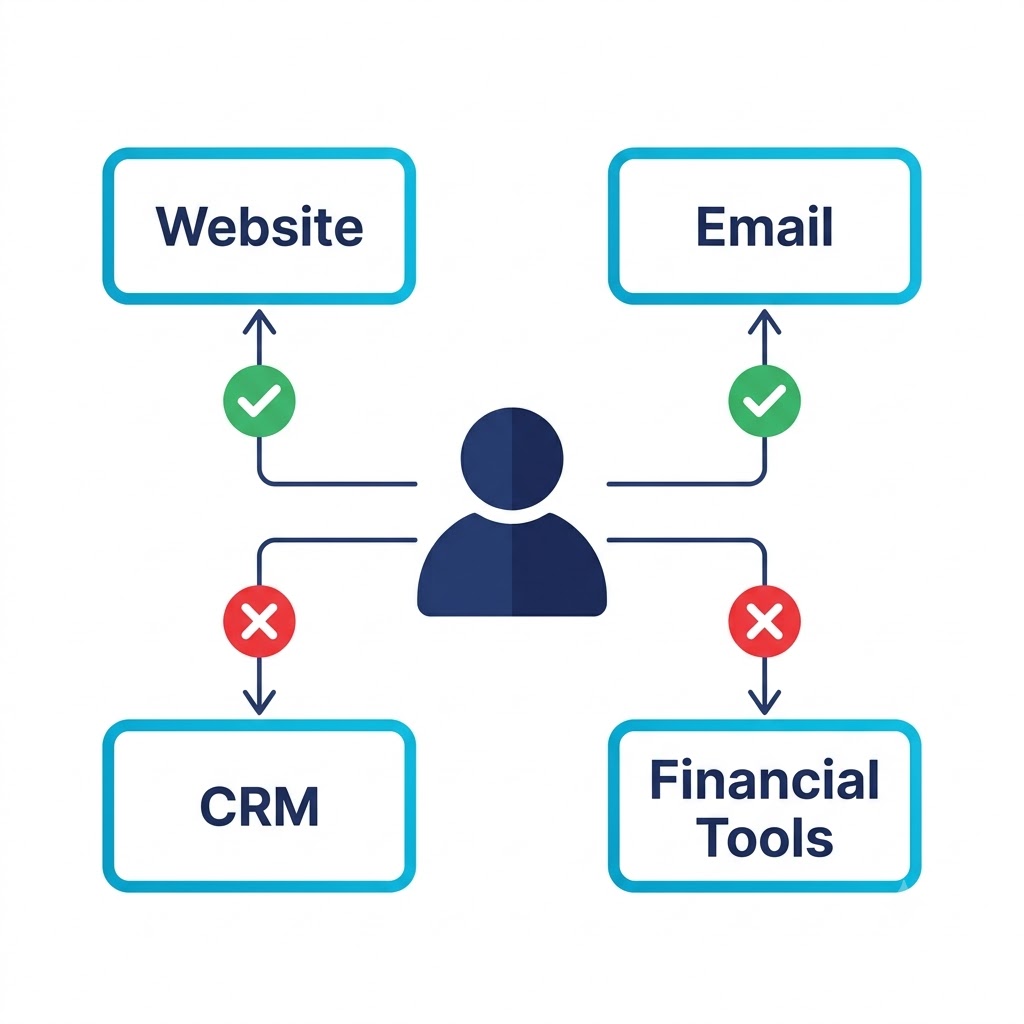 Simple flat-style diagram showing a person icon connected to four labeled boxes: Website, Email, CRM, Financial Tools, with a checkmark on two and a red X on two, clean minimal style, navy and cyan color palette