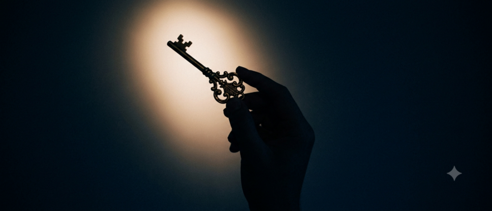 Silhouette of a hand holding a single ornate brass key up to light, dark navy background, dramatic side lighting